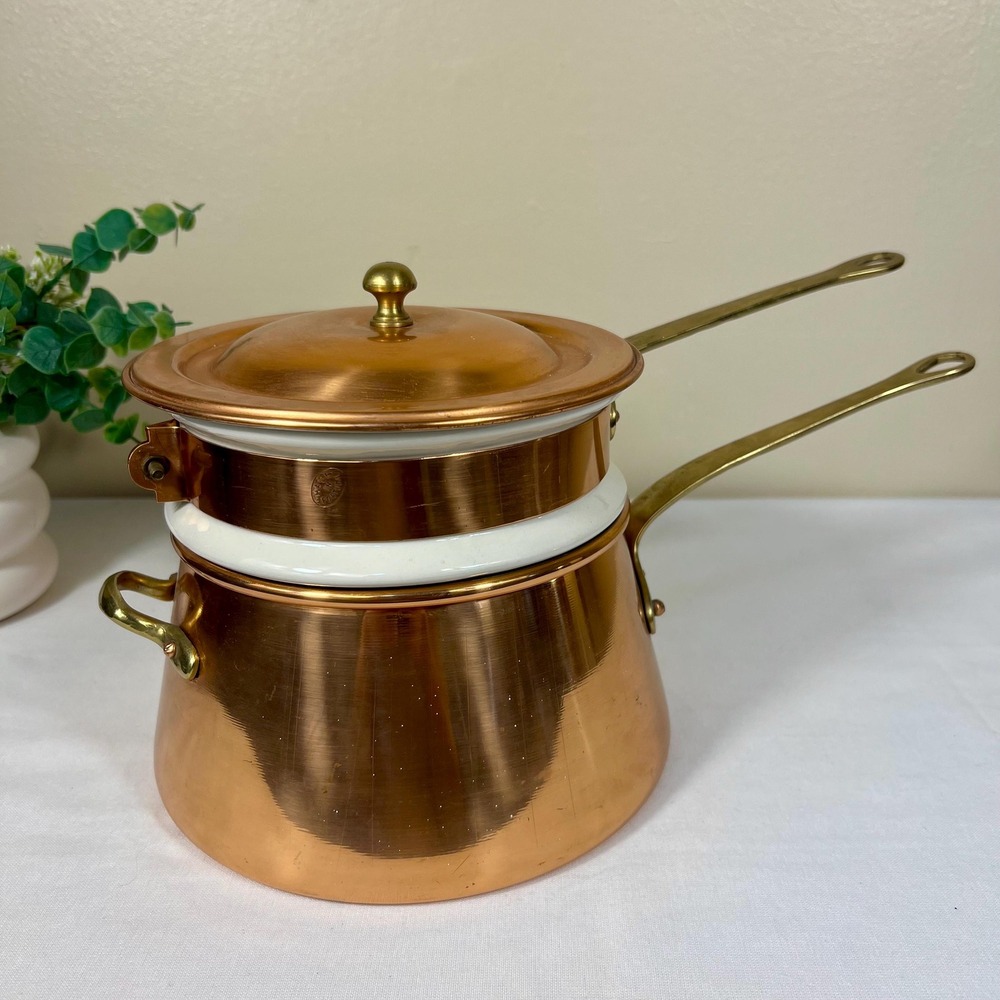 Vintage Copper Double Boiler With Brass Handles | 3 Piece Set
